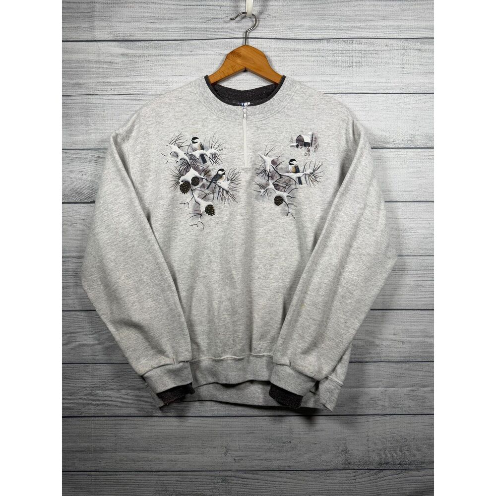 Vintage PFI Fashions Women's M Gray Chickadee Winter Quarter Zip Sweatshirt 4387